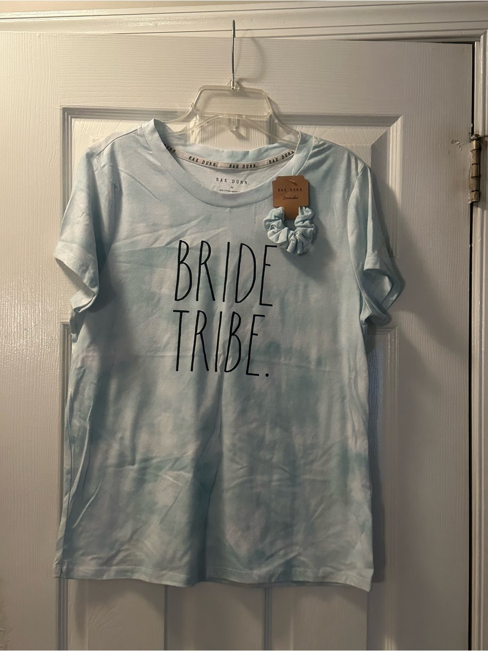 Rae Dunn Light Blue Tie-Dye "Bride Tribe" Tee with Scrunchie